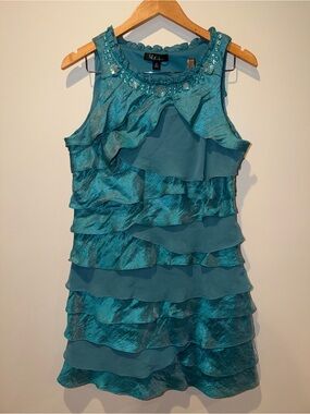 S.L. Fashions Teal Ruffle Tiered Dress